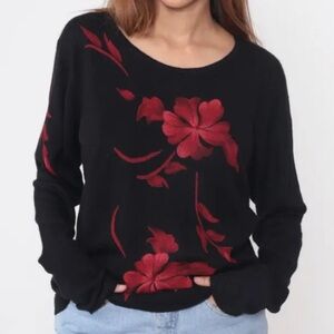 Cathy Daniels Black Sweater with Bright Red Floral Design, Long Sleeves, Size M